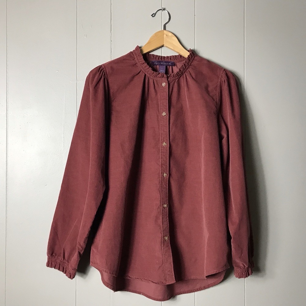 GLORIA VANDERBILT RUSTIC RED CORDUROY BUTTON DOWN SHIRT RUFFLE NECK WOMENS LARGE